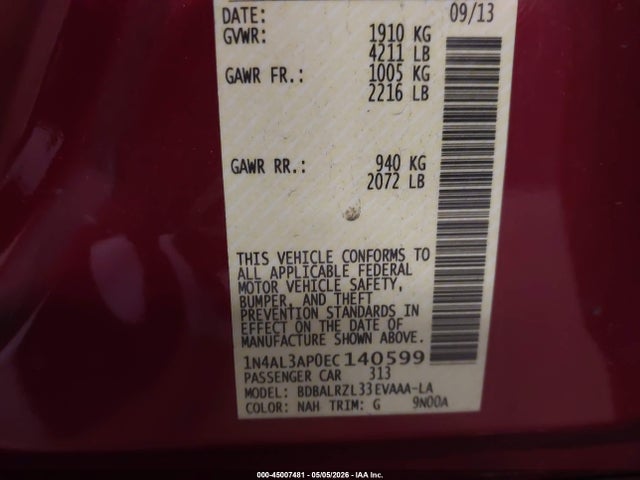 45007481 :رقم المزاد ، 1N4AL3AP0EC140599 vin ، 2014 Nissan Altima 2.5 S مزاد بيع