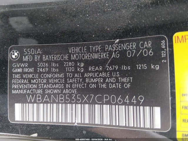 Продаж на аукціоні авто 2007 Bmw 550i, vin: WBANB535X7CP06449, номер лоту: 45007485