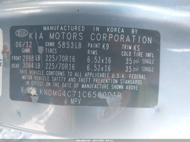 2012 Kia Sedona Lx მანქანა იყიდება აუქციონზე, vin: KNDMG4C71C6500019, აუქციონის ნომერი: 45007488