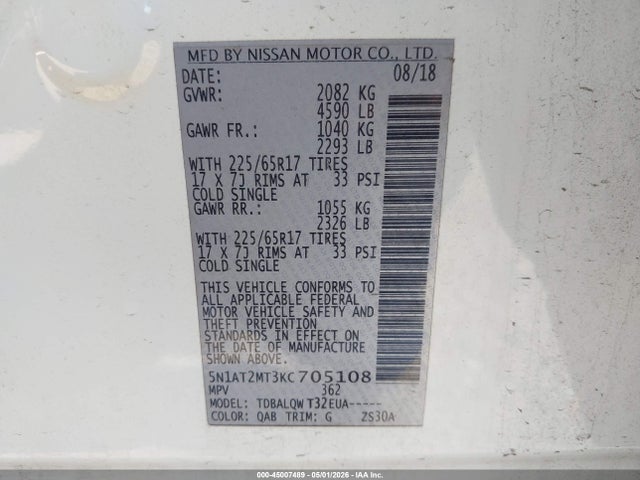 45007489 :رقم المزاد ، 5N1AT2MT3KC705108 vin ، 2019 Nissan Rogue Sv مزاد بيع