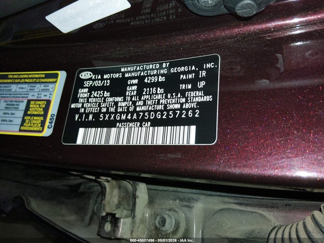 2013 Kia Optima Lx მანქანა იყიდება აუქციონზე, vin: 5XXGM4A75DG257262, აუქციონის ნომერი: 45007496