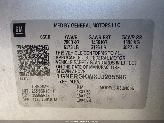 Aukcja sprzedaży 2018 Chevrolet Traverse 1lt, vin: 1GNERGKWXJJ265596, numer aukcji: 45007498