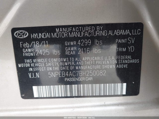 Aukcja sprzedaży 2011 Hyundai Sonata Gls, vin: 5NPEB4AC7BH250082, numer aukcji: 45007502