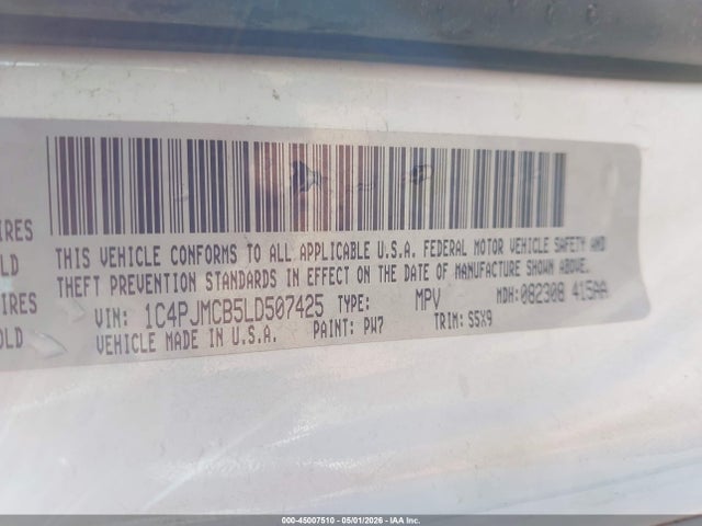45007510 :رقم المزاد ، 1C4PJMCB5LD507425 vin ، 2020 Jeep Cherokee Latitude 4x4 مزاد بيع