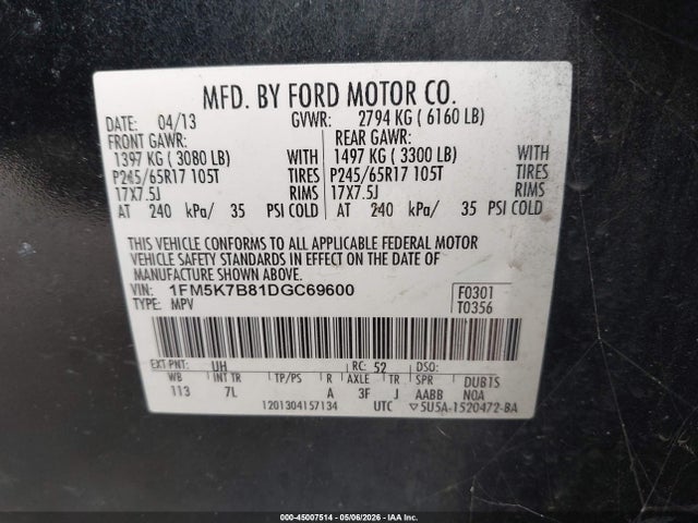 Продаж на аукціоні авто 2013 Ford Explorer, vin: 1FM5K7B81DGC69600, номер лоту: 45007514