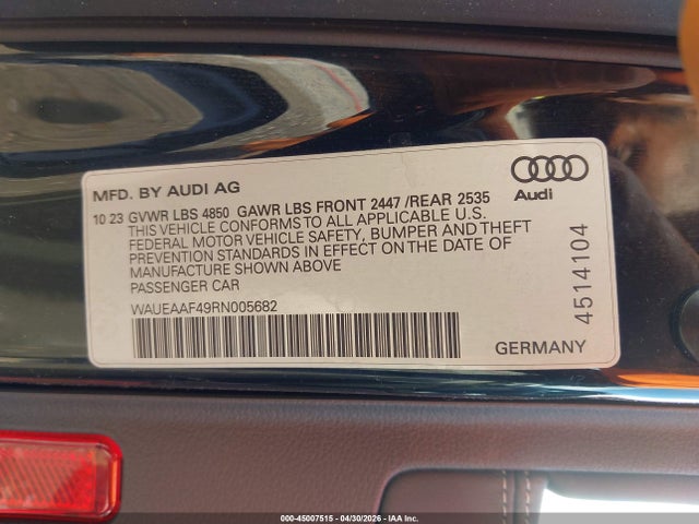 2024 Audi A4 Premium Plus 45 Tfsi S Line Quattro S Tronic მანქანა იყიდება აუქციონზე, vin: WAUEAAF49RN005682, აუქციონის ნომერი: 45007515