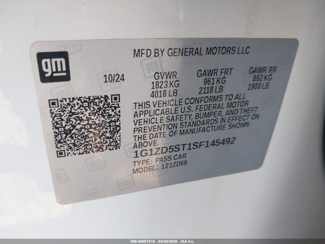 1G1ZD5ST1SF145492 Chevrolet Malibu Fwd 1lt