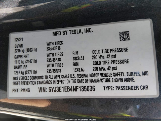 Aukcja sprzedaży 2022 Tesla Model 3 Long Range Dual Motor All-wheel Drive, vin: 5YJ3E1EB4NF135036, numer aukcji: 45007524