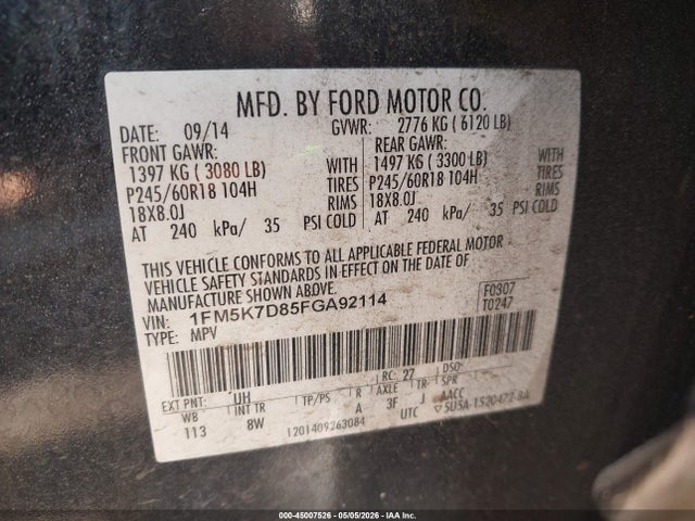 45007526 :رقم المزاد ، 1FM5K7D85FGA92114 vin ، 2015 Ford Explorer Xlt مزاد بيع
