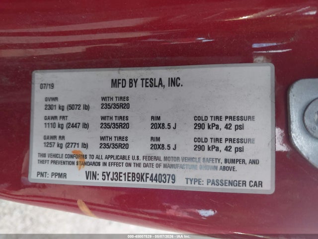 Продажа на аукционе авто 2019 Tesla Model 3 Long Range/performance, vin: 5YJ3E1EB9KF440379, номер лота: 45007529