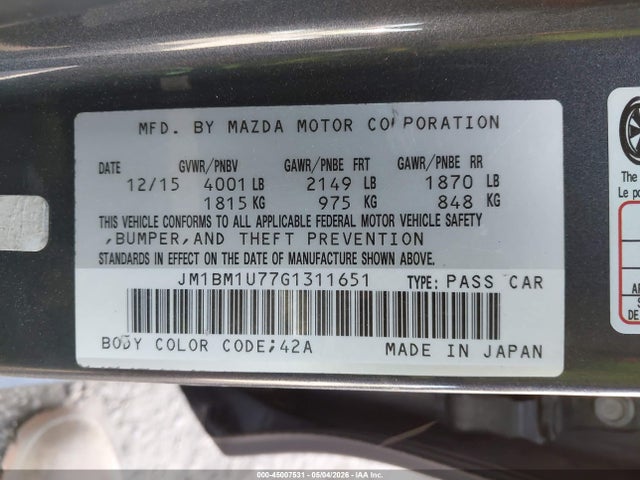 JM1BM1U77G1311651 Mazda Mazda3 I Sport