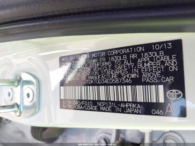 2014 Toyota Yaris L (tmc/cbu Plant)/le (tmc/cbu Plant)/se (tmc/cbu Plant) მანქანა იყიდება აუქციონზე, vin: JTDKTUD34ED587346, აუქციონის ნომერი: 45007532