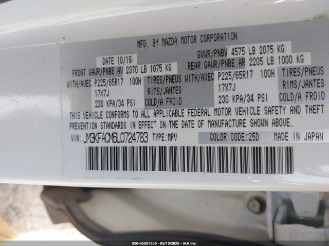 45007539 :رقم المزاد ، JM3KFACM6L0724783 vin ، 2020 Mazda Cx-5 Touring مزاد بيع
