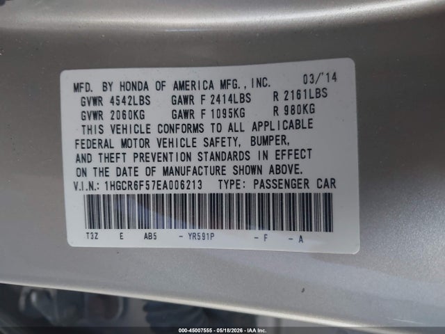 1HGCR6F57EA006213 Honda Accord Hybrid Ex-l