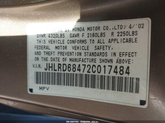 Aukcja sprzedaży 2002 Honda Cr-v Lx, vin: JHLRD68472C017484, numer aukcji: 45007563