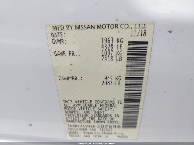 2019 Nissan Altima 2.5 Sr მანქანა იყიდება აუქციონზე, vin: 1N4BL4CV4KN307696, აუქციონის ნომერი: 45007571