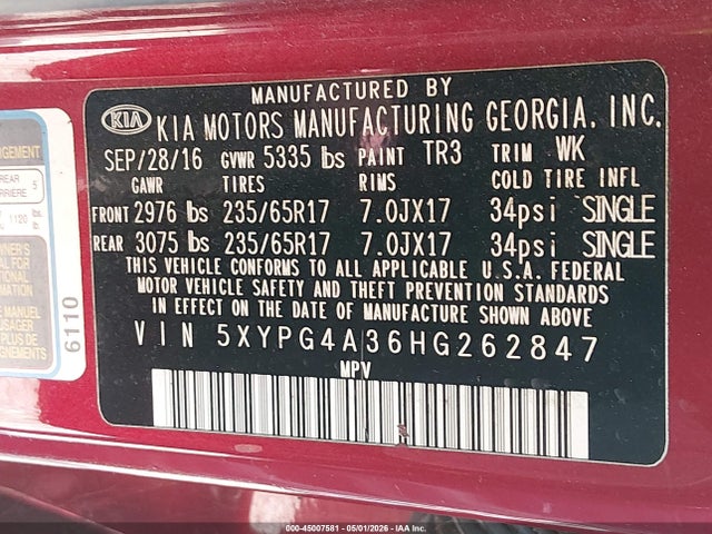 Продаж на аукціоні авто 2017 Kia Sorento 2.4l Lx, vin: 5XYPG4A36HG262847, номер лоту: 45007581