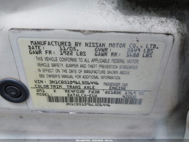 45007592 :رقم المزاد ، 3N1CB51D96L506446 vin ، 2006 Nissan Sentra 1.8 مزاد بيع