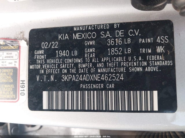45007601 :رقم المزاد ، 3KPA24ADXNE462524 vin ، 2022 Kia Rio Lx مزاد بيع
