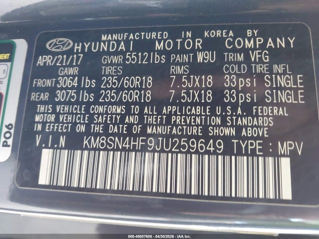 Aukcja sprzedaży 2018 Hyundai Santa Fe Se, vin: KM8SN4HF9JU259649, numer aukcji: 45007608