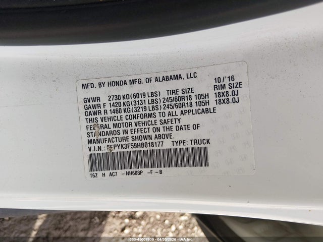 Honda Ridgeline Rtl 2017 5FPYK3F59HB018177 Image 9