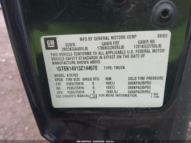 Aukcja sprzedaży 2003 Gmc Sierra 1500, vin: 1GTEK14V13Z144670, numer aukcji: 45007625