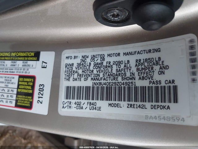 Aukcja sprzedaży 2009 Toyota Corolla Le/s/xle, vin: 1NXBU40E29Z049251, numer aukcji: 45007628