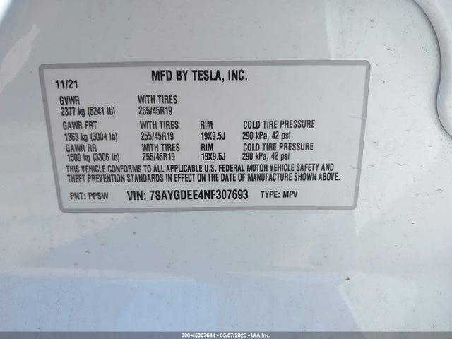 Продаж на аукціоні авто 2022 Tesla Model Y Long Range Dual Motor All-wheel Drive, vin: 7SAYGDEE4NF307693, номер лоту: 45007644
