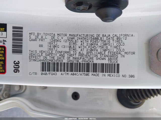 45007646 :رقم المزاد ، 3TMKU4HN5DM034569 vin ، 2013 Toyota Tacoma Prerunner V6 مزاد بيع