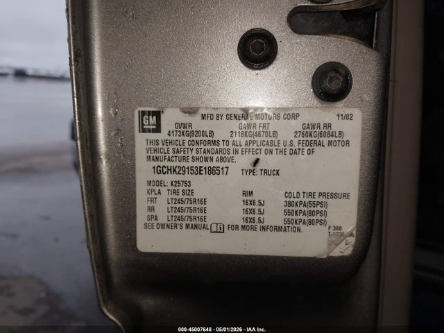 Aukcja sprzedaży 2003 Chevrolet Silverado 2500hd Ls, vin: 1GCHK29153E186517, numer aukcji: 45007648