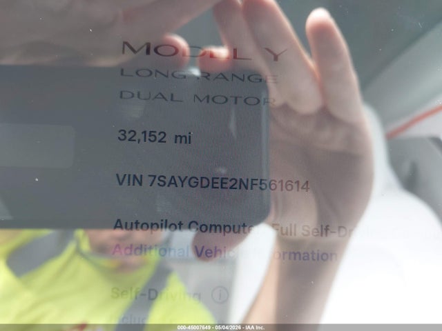 Продаж на аукціоні авто 2022 Tesla Model Y Long Range Dual Motor All-wheel Drive, vin: 7SAYGDEE2NF561614, номер лоту: 45007649