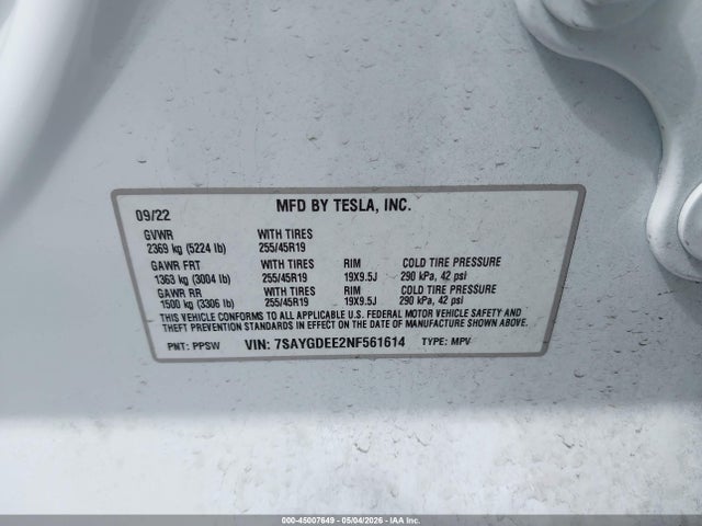 Продаж на аукціоні авто 2022 Tesla Model Y Long Range Dual Motor All-wheel Drive, vin: 7SAYGDEE2NF561614, номер лоту: 45007649