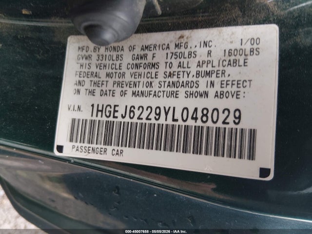 Продажа на аукционе авто 2000 Honda Civic Dx, vin: 1HGEJ6229YL048029, номер лота: 45007658