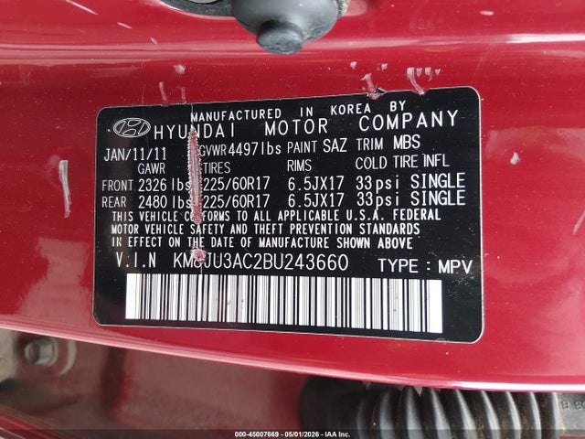 Aukcja sprzedaży 2011 Hyundai Tucson Gls, vin: KM8JU3AC2BU243660, numer aukcji: 45007669