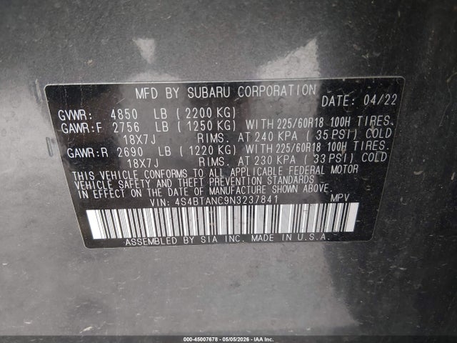 Продажа на аукционе авто 2022 Subaru Outback Limited, vin: 4S4BTANC9N3237841, номер лота: 45007678