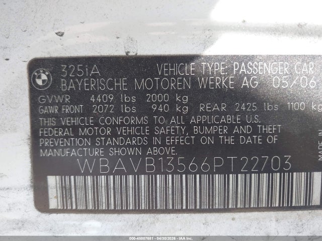 2006 Bmw 325i მანქანა იყიდება აუქციონზე, vin: WBAVB13566PT22703, აუქციონის ნომერი: 45007681