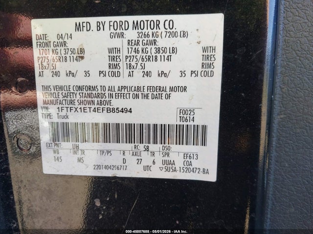 Aukcja sprzedaży 2014 Ford F-150 Xlt, vin: 1FTFX1ET4EFB85494, numer aukcji: 45007688