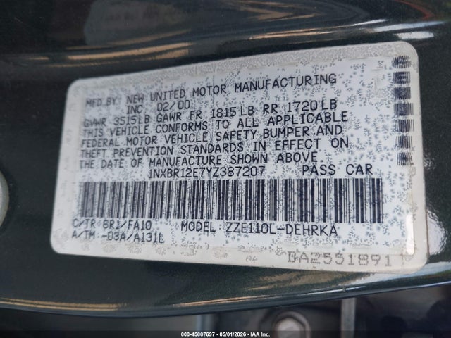 Продаж на аукціоні авто 2000 Toyota Corolla Ce/le/ve, vin: 1NXBR12E7YZ387207, номер лоту: 45007697