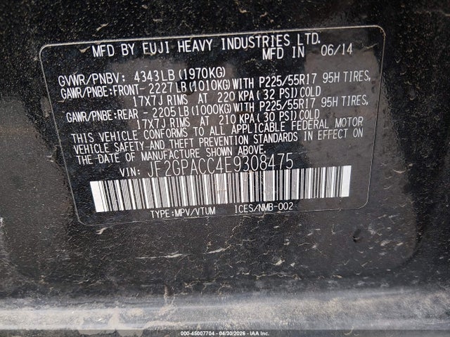 45007704 :رقم المزاد ، JF2GPACC4E9308475 vin ، 2014 Subaru Xv Crosstrek 2.0i Premium مزاد بيع