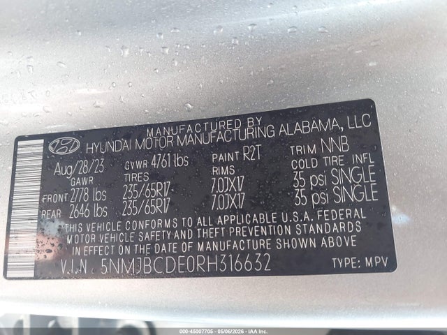 45007705 :رقم المزاد ، 5NMJBCDE0RH316632 vin ، 2024 Hyundai Tucson Sel مزاد بيع