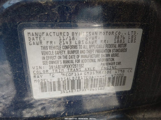 Продажа на аукционе авто 2019 Nissan Sentra Sv, vin: 3N1AB7APXKY261182, номер лота: 45007710