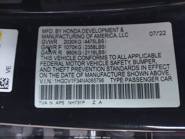 2022 Honda Accord Sport მანქანა იყიდება აუქციონზე, vin: 1HGCV1F34NA065796, აუქციონის ნომერი: 45007714