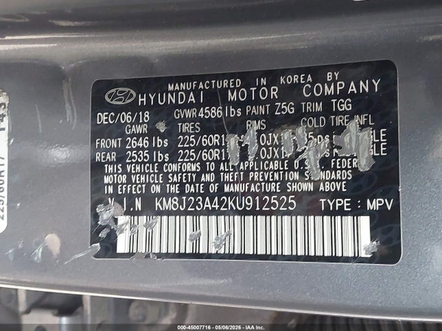 2019 Hyundai Tucson Se მანქანა იყიდება აუქციონზე, vin: KM8J23A42KU912525, აუქციონის ნომერი: 45007716
