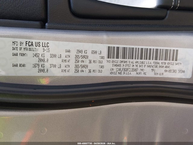 Продаж на аукціоні авто 2015 Jeep Grand Cherokee Limited, vin: 1C4RJFBG8FC135087, номер лоту: 45007730