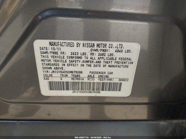 Aukcja sprzedaży 2012 Infiniti G37x, vin: JN1CV6AR5CM675096, numer aukcji: 45007738