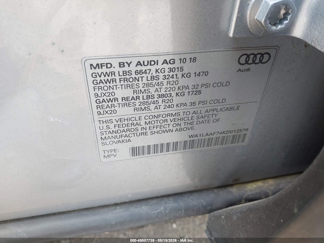 45007739 :رقم المزاد ، WA1LAAF74KD012579 vin ، 2019 Audi Q7 55 Premium/55 Se Premium مزاد بيع