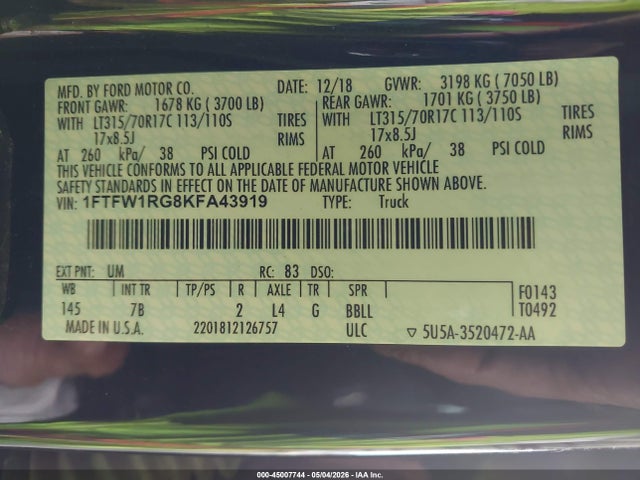 Ford F-150 Raptor 2019 1FTFW1RG8KFA43919 Image 9
