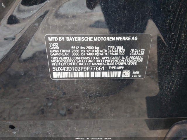 Auction sale of the 2023 Bmw X4 M40i, vin: 5UX43DT03P9P77661, lot number: 45007747