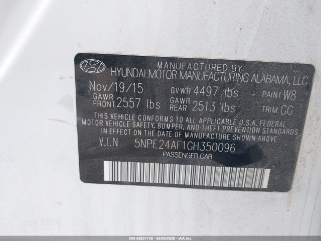 2016 Hyundai Sonata Se მანქანა იყიდება აუქციონზე, vin: 5NPE24AF1GH350096, აუქციონის ნომერი: 45007749