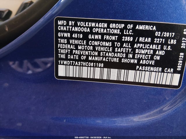 45007750 :رقم المزاد ، 1VWDT7A37HC061198 vin ، 2017 Volkswagen Passat 1.8t R-line مزاد بيع